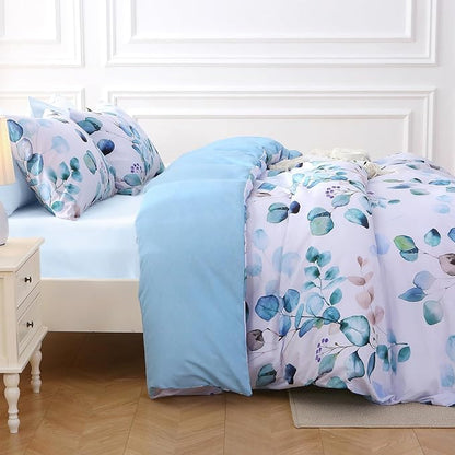 MUXHOMO Full Comforter Set, Blue Elegant Floral Print Bed in a Bag 7 Pieces, Ultra Soft & Breathable Reversible Botanical Pattern Bedding Set with Comforter, Sheets, Pillowcases, and Shams