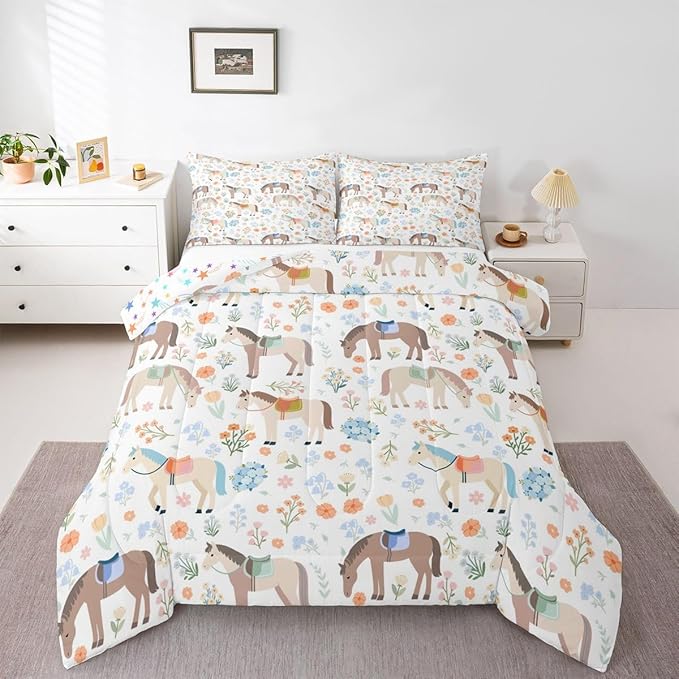 Cute Horse Bedding Sets Full Size,Watercolor Flower Comforter Set 3Pcs for Kids Girls Boys Women Room Decor,Rustic Farmhouse Quilted Duvet Boho Animal Plants Down Comforter,2 Pillowcases