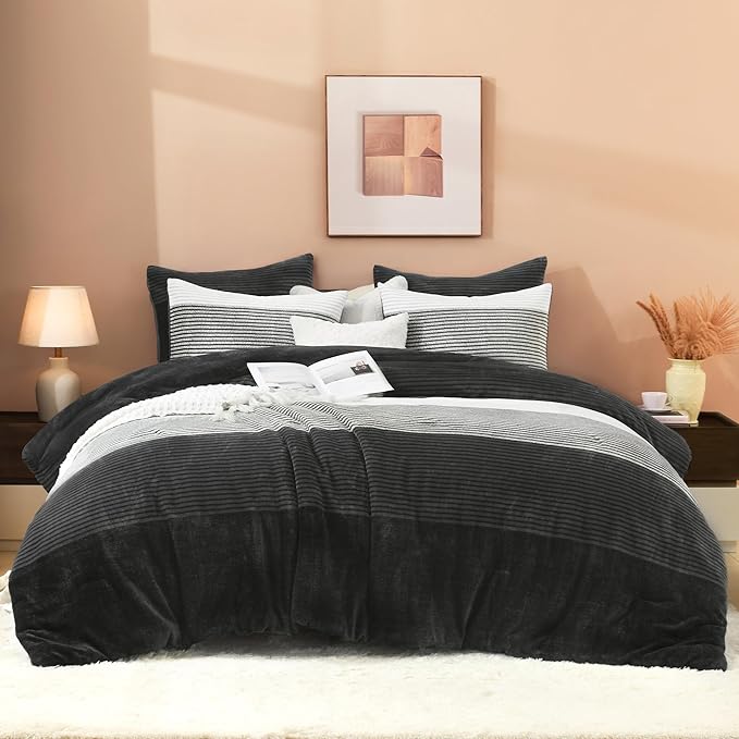 Litanika Fluffy Fleece Twin Comforter Set, Luxury Soft Plush Fuzzy Grey White Stripe Bedding Comforter Sets, Warm Shaggy Faux Fur Bed Set All Season (1 Comforter, 1 Pillowcase)