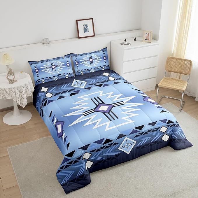 Blue Aztec Tribal Arrow Stripes Comforter Set King Size,Southwestern Bedding Set for Kids Girls Boys Adult Room Decor,Rustic Farmhouse Quilt Set Vintage Cowboy Duvet Insert,2 Pillowcases