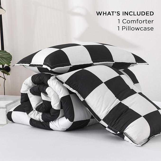 Andency Checkered Comforter Queen(90x90Inch), Black White Plaid Gingham Bed Set for Teen Boys Kids, Lightweight Microfiber Geometric Preppy Bedding, 3 Pieces