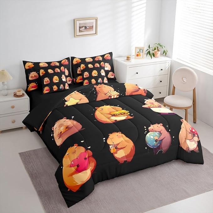 Erosebridal Funny Capybaras 7 Pieces Bedding Set Full,Capybara Lover Bed in a Bag,Cartoon Rodents Bed Set Includes Comforter,Sheet Set,Pillowcases & Pillow Covers,Black Khaki Capybara Bedroom Decor