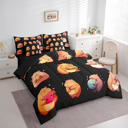 Erosebridal Funny Capybaras 7 Pieces Bedding Set Full,Capybara Lover Bed in a Bag,Cartoon Rodents Bed Set Includes Comforter,Sheet Set,Pillowcases & Pillow Covers,Black Khaki Capybara Bedroom Decor