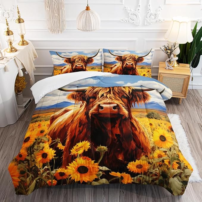 Cute Cow Print Comforter Set Twin Size Sunflower Sky Cloud Cow Bedding Set Farm Animals Cow Quilt Bed Set with 1 Comforter and 2 Pillowcases for Kids Boys Girls Room Decor
