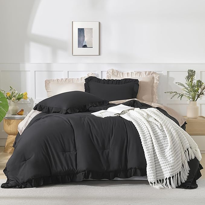 Andency Black Queen Comforter Set, 3 Pieces Farmhouse Shabby Chic Bedding Comforter & Sets for Queen Bed, Soft Lightweight Fluffy All Season Down Alternative Bed Set for Men Women