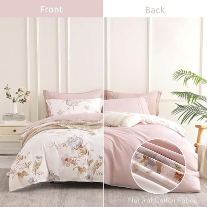 Vintage Natural Cotton Comforter King Size 3Pcs - Brown & Lilac Gray Branches and Soft Blush Flowers on Off-White, Lightweight Reversible Floral Bedding Sets(King,104"×90")
