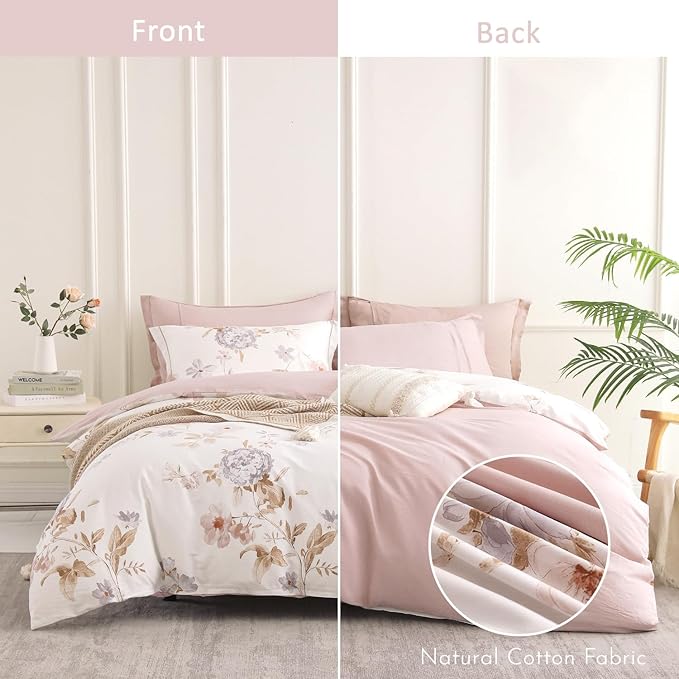 Vintage Natural Cotton Comforter Queen Size 3Pcs - Brown & Lilac Gray Branches and Soft Blush Flowers on Off-White, Lightweight Reversible Floral Bedding Sets(Full/Queen,90"×90")