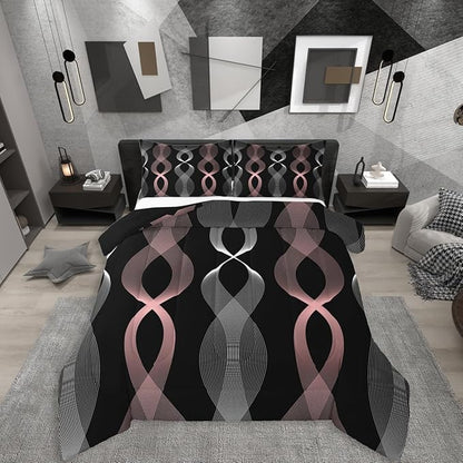 Erosebridal Pink and Black Queen Comforter Set for Girls, Boho Pink Striped Abstract Bedding Set, Contemporary Aesthetic Ombre Line Comforter for Women Teens Bedroom, Modern Geometric Stripes Quilt