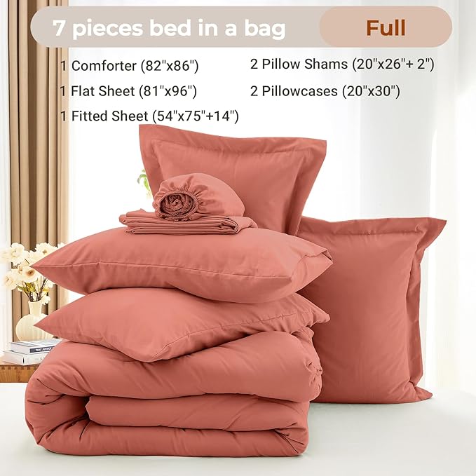 MUXHOMO 7 Pieces Full Comforter Set, Soft Bed in a Bag Full Size, All Season Bedding Set with Comforter, Flat Sheet, Fitted Sheet, Pillowcases & Shams, Coral Red