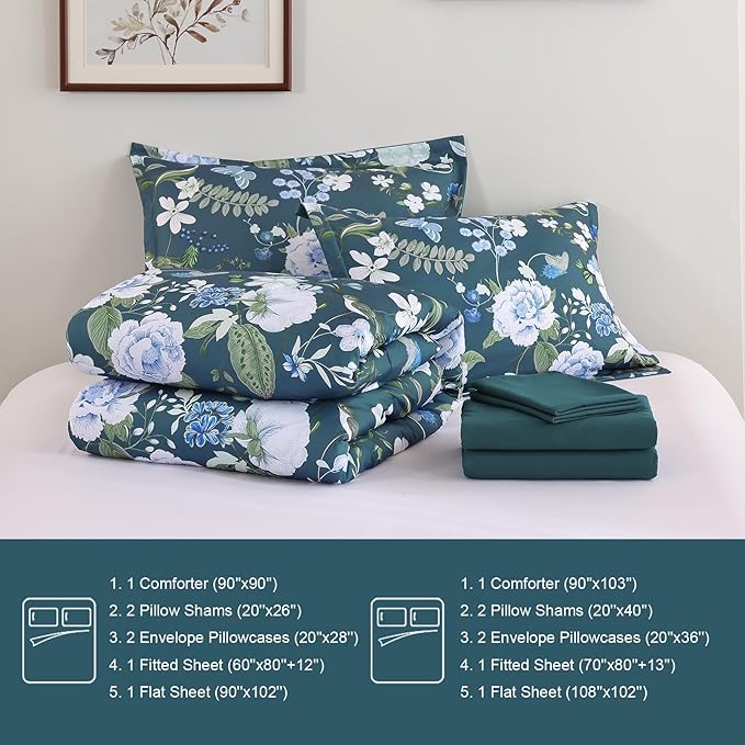 Anibedding 7Pieces Floral King Size Comforter Set, Garden Plant Flower Style Bed in a Bag Blue Bedding Comforter Set with Pillow Case for Bedroom