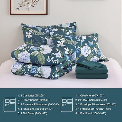 Anibedding 7Pieces Floral King Size Comforter Set, Garden Plant Flower Style Bed in a Bag Blue Bedding Comforter Set with Pillow Case for Bedroom
