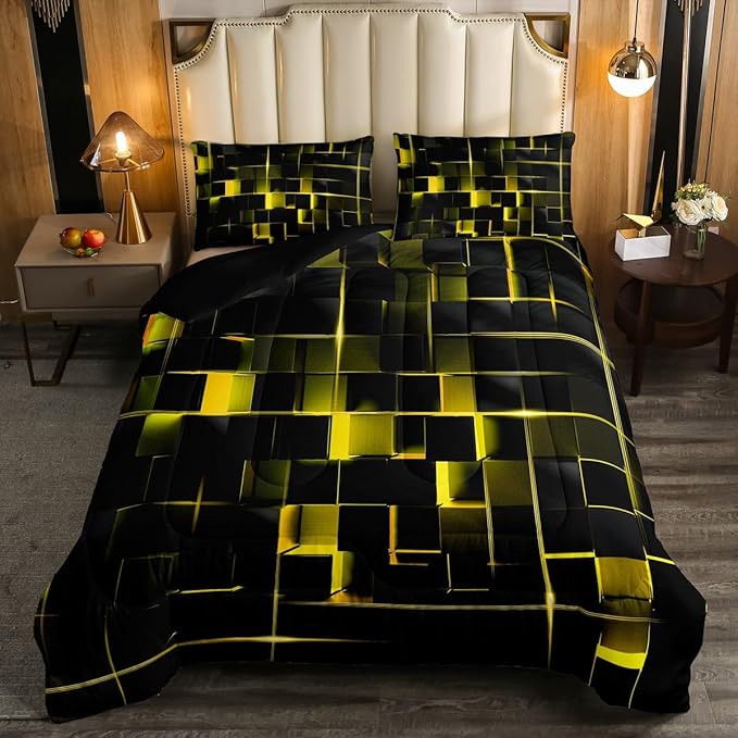 Erosebridal Yellow Black Twin Comforter Set Geometric Light Honeycomb Bedding Set for Kids Teens Adult, Decor Down Comforter Modern Style Quilt, Microfiber Lightweight All Season