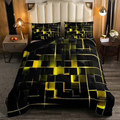 Erosebridal Yellow Black Twin Comforter Set Geometric Light Honeycomb Bedding Set for Kids Teens Adult, Decor Down Comforter Modern Style Quilt, Microfiber Lightweight All Season