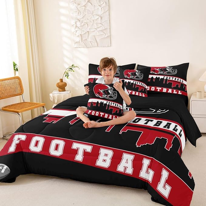 Erosebridal Football 7 Pcs Comforter Set King Football Fans Bedding for Boys Girls Football City Sheet Set Bed in A Bag Red Black Rugby Team Room Decor Sports Ball Game Duvet Insert