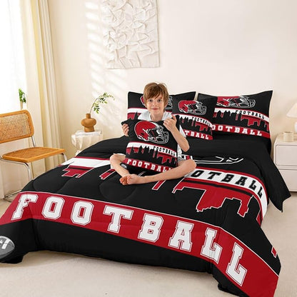 Erosebridal Football 7 Pcs Comforter Set King Football Fans Bedding for Boys Girls Football City Sheet Set Bed in A Bag Red Black Rugby Team Room Decor Sports Ball Game Duvet Insert