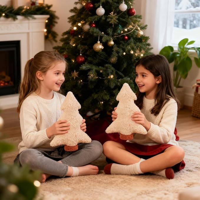 Artmag Christmas Pillows, Decorative Christmas Tree Pillow Set of 2 Stuffed Tree Shaped Plush Pillow for Holiday Party Sofa Living Room Decoration (13" x 10.5", Beige)