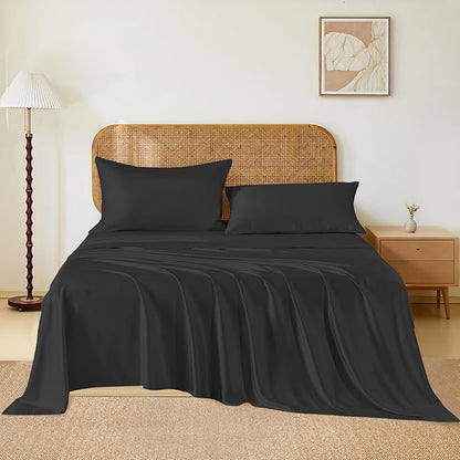 THXSILK Luxury Mulberry Silk Bed Sheets Set - 4pcs Silk Sheets Set 16" Deep Pocket - 1 Fitted Sheet, 1 Flat Sheet, 2 Pillowcases with Zipper Closure - Full, Black