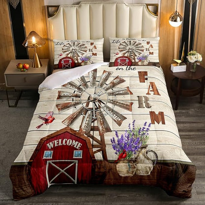 Erosebridal Western Farmhouse Quilt Bedding Sets Full Country Rustic Comforter Set for Cabin Lodge Cardinal Barn Lavender Windmill Duvet Insert Pastoral Rural Comforter 2 Pillow Cases Home Room Decor
