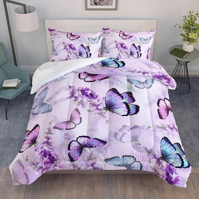 Lavender Butterfly Comforter Set for Girl Kid Adult Colorful Butterfly Pattern Bedding Set Aesthetics Butterflies Quilt Bed Set Queen Size with 1 Comforter and 2 Pillowcases