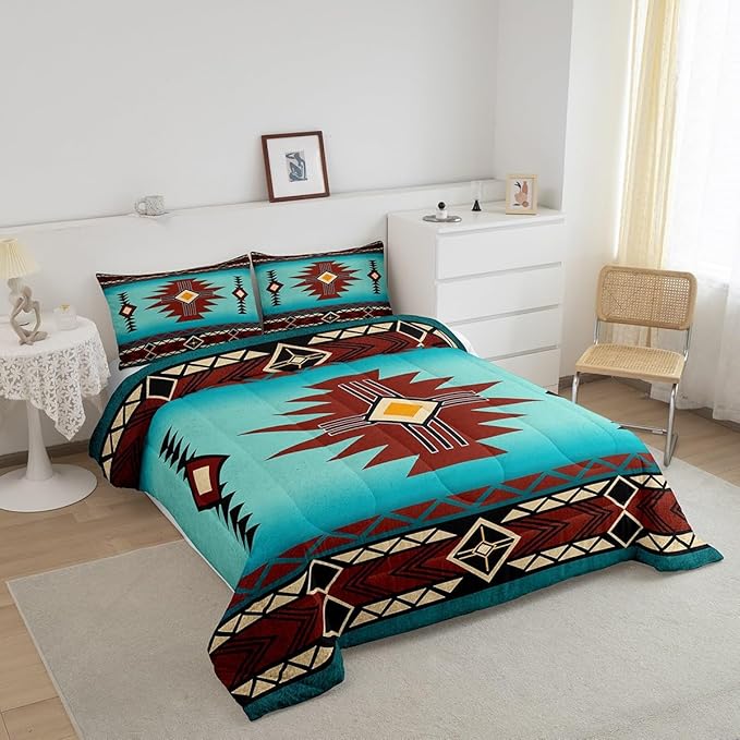 Southwest Comforter Set Full Size,Geometric Aztec Tribal Striped Print Bedding Set Rustic Western Quilt Set for Kids Girls Boys Men Room Decor,Adult Retro Turquoise Red Duvet Insert 3Pcs