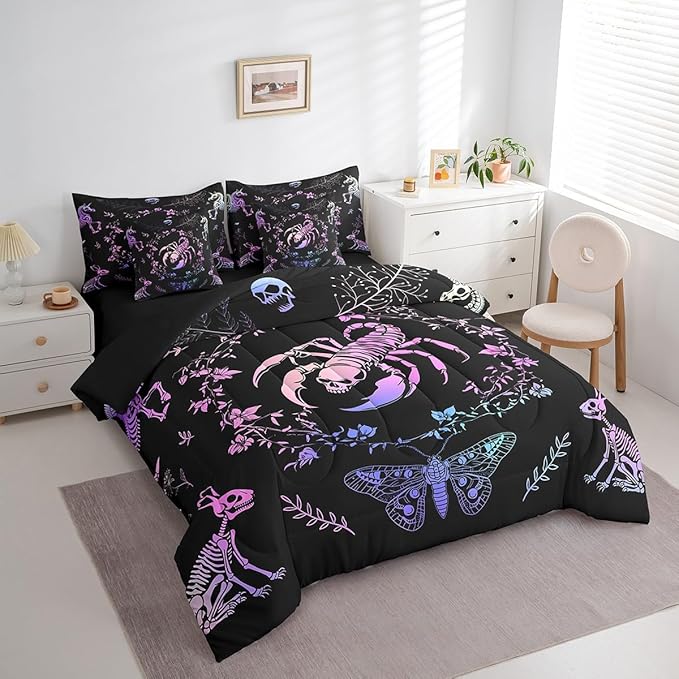 Scorpion Skull Comforter Set in a Bag 7 Pieces,Bohemian Flowers Leaves Bedding Set for Kids,Butterfly Animals Skeleton(Comforter+Fitted+Flat Sheet+2 Pillowcases+2 Throw Pillow Covers),Twin