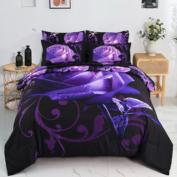 Floral Comforter Set California King 7 Piece Bed in a Bag Purple Rose Flower Comforter with Sheet Set Soft Micorfiber Bedding Set (1 Comforter,2 Pillow Shams,1 Flat Sheet,1 Fitted Sheet,2 Pillowcases)