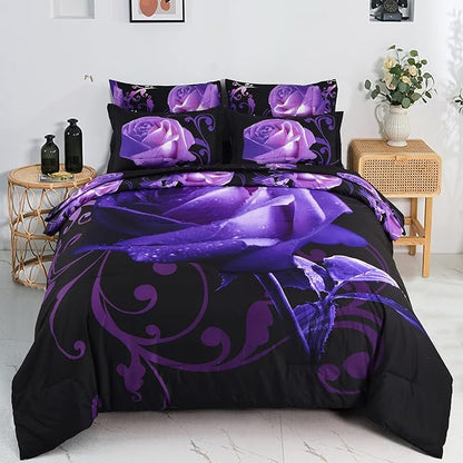 Floral Comforter Set California King 7 Piece Bed in a Bag Purple Rose Flower Comforter with Sheet Set Soft Micorfiber Bedding Set (1 Comforter,2 Pillow Shams,1 Flat Sheet,1 Fitted Sheet,2 Pillowcases)