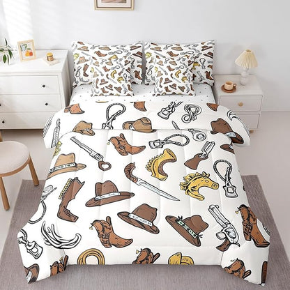 Erosebridal Cowboy Boots for Men Bed in a Bag King Size Comforter Set 7 Pieces,U-Shaped Horse Bedding Sets Western Sheet Set with Comforter