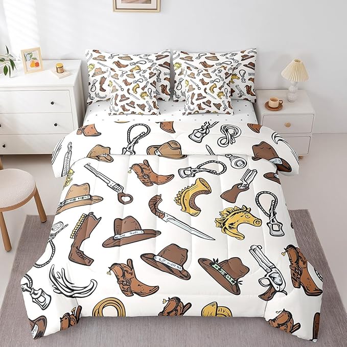 Erosebridal Cowboy Boots for Men Comforter Set 7 Piece Bed in a Bag Twin,U-Shaped Horse Bedding Sets Western Sheet Set with Comforter