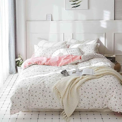 Nanko Pink Floral Comforter Set Full Size, 3pc White Farmhouse Flowers Leaves Botanical Pattern Microfiber Comforter Set, All Season Soft & Lightweight Reversible Comforter for Women Girl 80"x90"