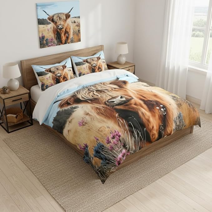 Highland Cow Comforter Set Full Size,Rustic Bedding Set for Children,Hoilday Decor Down Alternative Comforter with 2 Pillowcases/79 * 90
