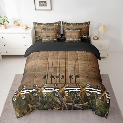 Erosebridal Camo Cabin Queen Comforter Set with Sheets | Fishing Pole 7 Piece Bedding Set Mens Country Camouflage Bed in a Bag, Woodland Animals Room Decor,Hunting Rustic Farmhouse Decor Camo Bed Set