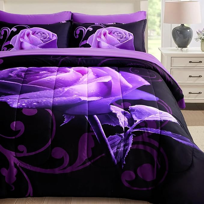 WONGS BEDDING Purple Comforter Set Cal King, Reversible Purple Rose 7 Pieces Bed in a Bag, Lightweight Soft Microfiber Bedding Sets with Flat Sheet, Fitted Sheet, Pillowcases & Shams