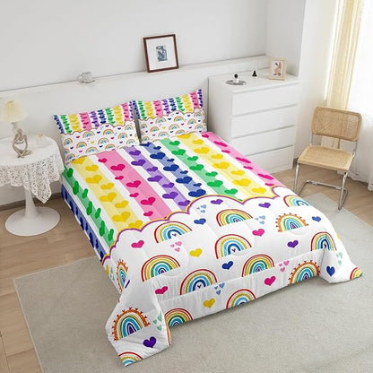 Manfei Cute Rainbow Kids Comforter Set King Size,Watercolor Love Heart Dreamy Bedding Set,Girls Women Room Decor,Colorful Geometric Stripes Patchwork Down Comforter,Chic Duvet Insert,2 Pillowcases
