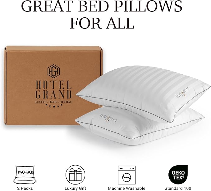 Hotel Grand 5-Star Feather Down Pillows Standard Size 2 Packs - 100% Cotton Machine Washable Soft Supportive Hypoallergenic Bed Pillows for All Sleep Positions