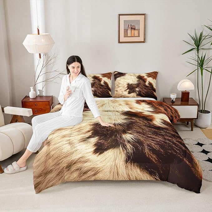Erosebridal Cow Print Comforter Set King Cowhide Bedding Sets Adult Women Men Highland Cow Fur Comforter Western Farm Wild Animal Down Comforter Brown White Bull Cattle Skin Duvet Insert 3Pcs