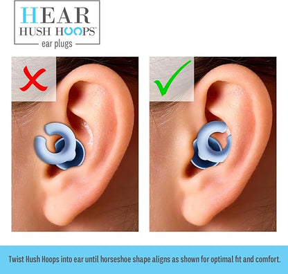 Hush Hoops Ear Plugs, Ultra-Soft Reusable Noise Reducing Earplugs with Horseshoe Shape for Comfort, 4 Tip Sizes for Customizable Fit, 17dB (NRR) Noise Reduction Rating, Blue, 1 Pair with Travel Case