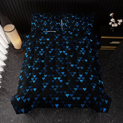 Geometric Blue Love Black Comforter Set,Blue Heart Honeycomb 3 PCS Bedding Set Twin Size for Teen Adult,Modern Quilt Set Geometry Decor,Microfiber Lightweight 1 Comforter 2 Pillowcases