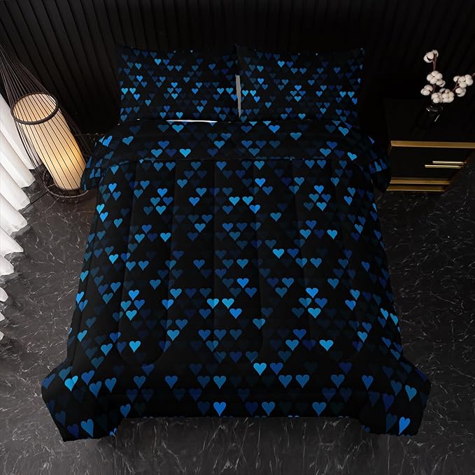 Geometric Blue Love Black Comforter Set,Blue Heart Honeycomb 3 PCS Bedding Set Full Size for Teen Adult,Modern Quilt Set Geometry Decor,Microfiber Lightweight 1 Comforter 2 Pillowcases