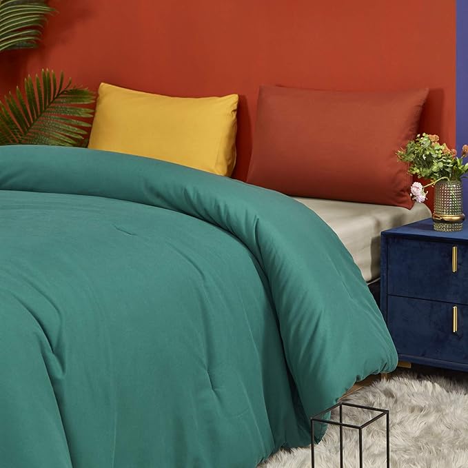 Luxlovery Emerald Green Comforter Set Queen Dark Green Bedding Comforter Set Modern Solid Forest Green Cotton Blanket Quilts Cozy Soft Breathable 1 Comforter with 2 Yellow/Caramel Pillowcases