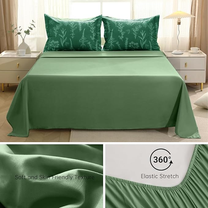 MUXHOMO Emerald Green Bed in a Bag King 7 Pieces, King Comforter Set Reversible Botanical Flowers Design, Ultra Soft & Breathable Bedding Sets with Comforter, Sheets, Pillowcases & Shams