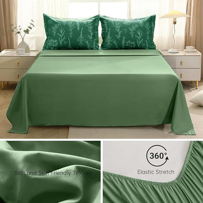 MUXHOMO Emerald Green Full Comforter Set, Elegant Floral Print Bed in a Bag 7 Pieces, Ultra Soft & Breathable Reversible Botanical Pattern Bedding Set with Comforter, Sheets, Pillowcases, and Shams