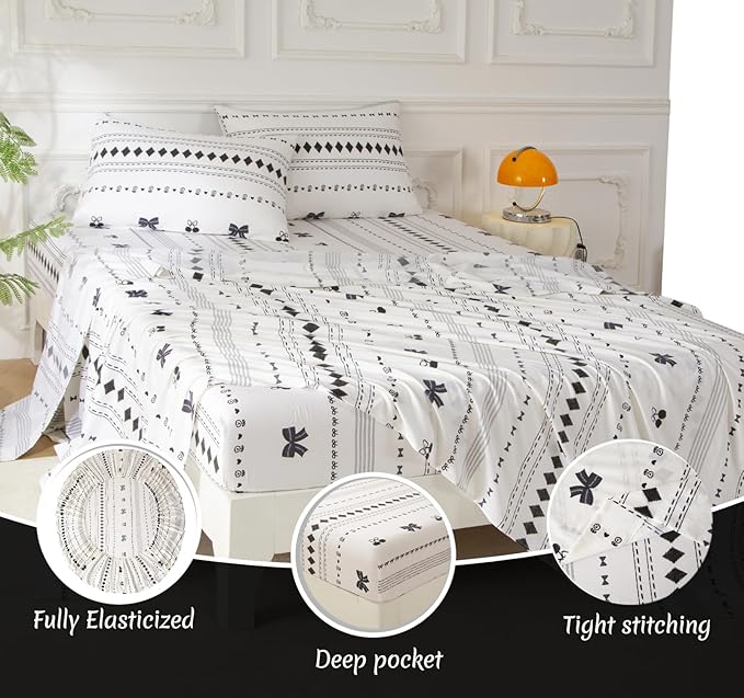 SDY 7PCS Bow Floral,Cherry Comforter and Sheet Set Twin Size，Boho Print Pattern Bedding Sets Includes 1*Comforter,1* Flat Sheet, 1*Fitted Sheet,2*Pillowcases and 2*PillowcaseShams