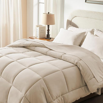 SunStyle Home Beige Full/Queen Comforter Set - 7 Pieces Bed in a Bag, Lightweight Goose Down Alternative Bedding Sets with All Season Comforter, 1 Flat Sheet, 1 Fitted Sheet, 4 Pillowcases