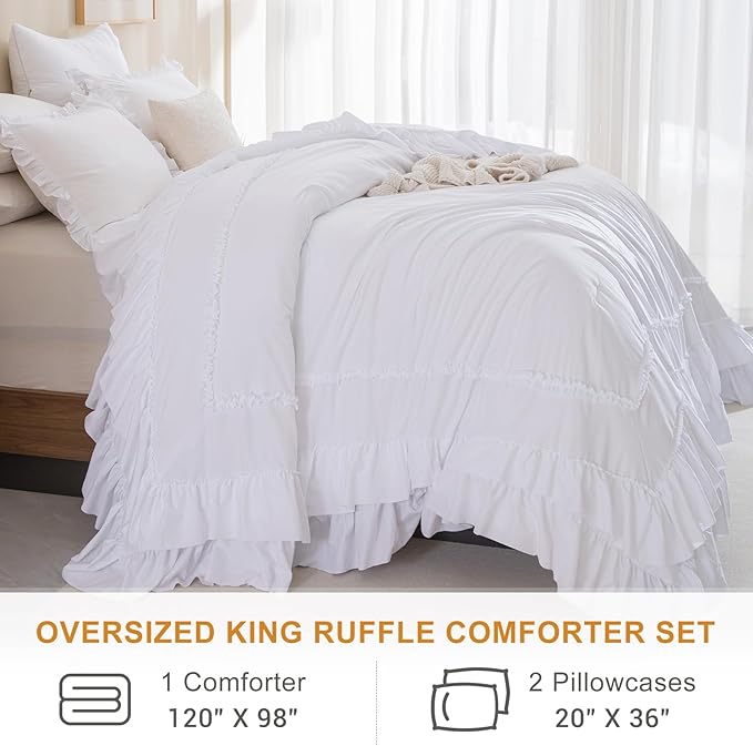 Masaca White Oversized King Comforter 120x98,Farmhouse Shabby Boho Chic Ruffle California King Comforter Set 3 Pieces French Country Rustic Bedding (1 Ruffled Comforter+2 Pillow Shams)