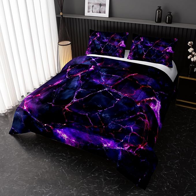 Purple Comforter Set King Size，Purple Marble Bedding Set 3 Pcs Bedding for Adults,Violet Marble Room Decor with Soft and Lightweight Comforter and 2 Pillowcases