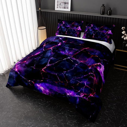 Purple Comforter Set King Size，Purple Marble Bedding Set 3 Pcs Bedding for Adults,Violet Marble Room Decor with Soft and Lightweight Comforter and 2 Pillowcases