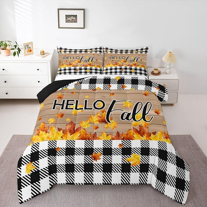 Fall Thanksgiving Bedding Set Queen Autumn Harvest Seasonal Comforter Set Gifts For Kids Teen Adults,Black White Buffalo Plaid Checkered Comforter Rustic Farmhouse Quilt Bedding Brown 2 Pillow Cases