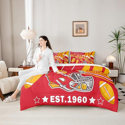 Feelyou Football 7 Pieces Comforter Sets Full Size Kids Rugby Sports Bedding Set for All Season Football City Bed in a Bag with Comforter, Sheets, Pillowcases & Cushion Cover