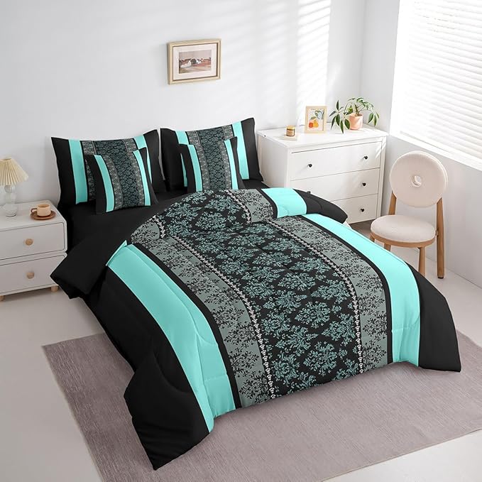 jejeloiu Adult Classic Jacquard 7 Piece Bedding Set Queen Size Damask Pattern Comforter Set with Sheets for Boys Girls Black Teal Stripe Bed in a Bag Baroque Bed Set